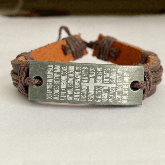 Vintage The Lords Prayer Leather Bracelet Mens Womens Adjustable Rope Catholic - Picture 2 of 10